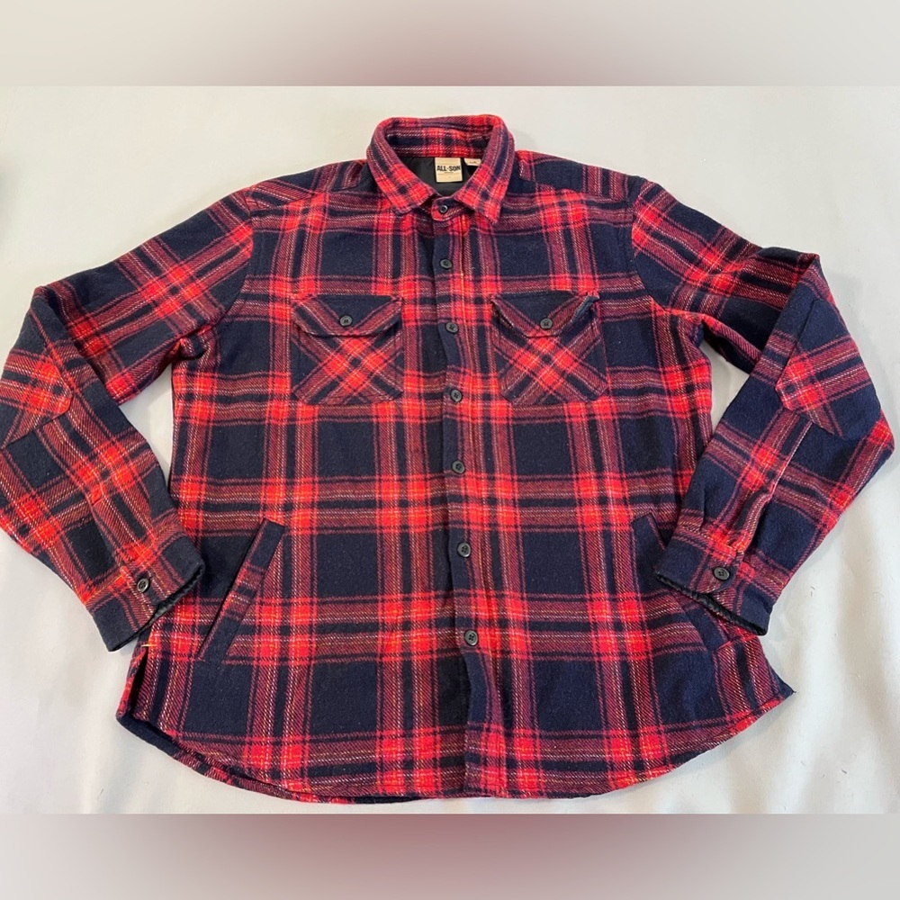 All Son Brand Men’s Jacket Plaid Red Black Sz‎ Large Wool Polyester